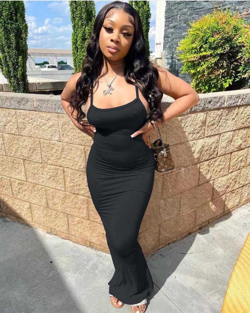 

Casual Dresses Spaghetti Strap Slim Dress Women Summer Sexy Backless Sleeveless Robe Stylish Solid Color Night Club Partywear, Pink