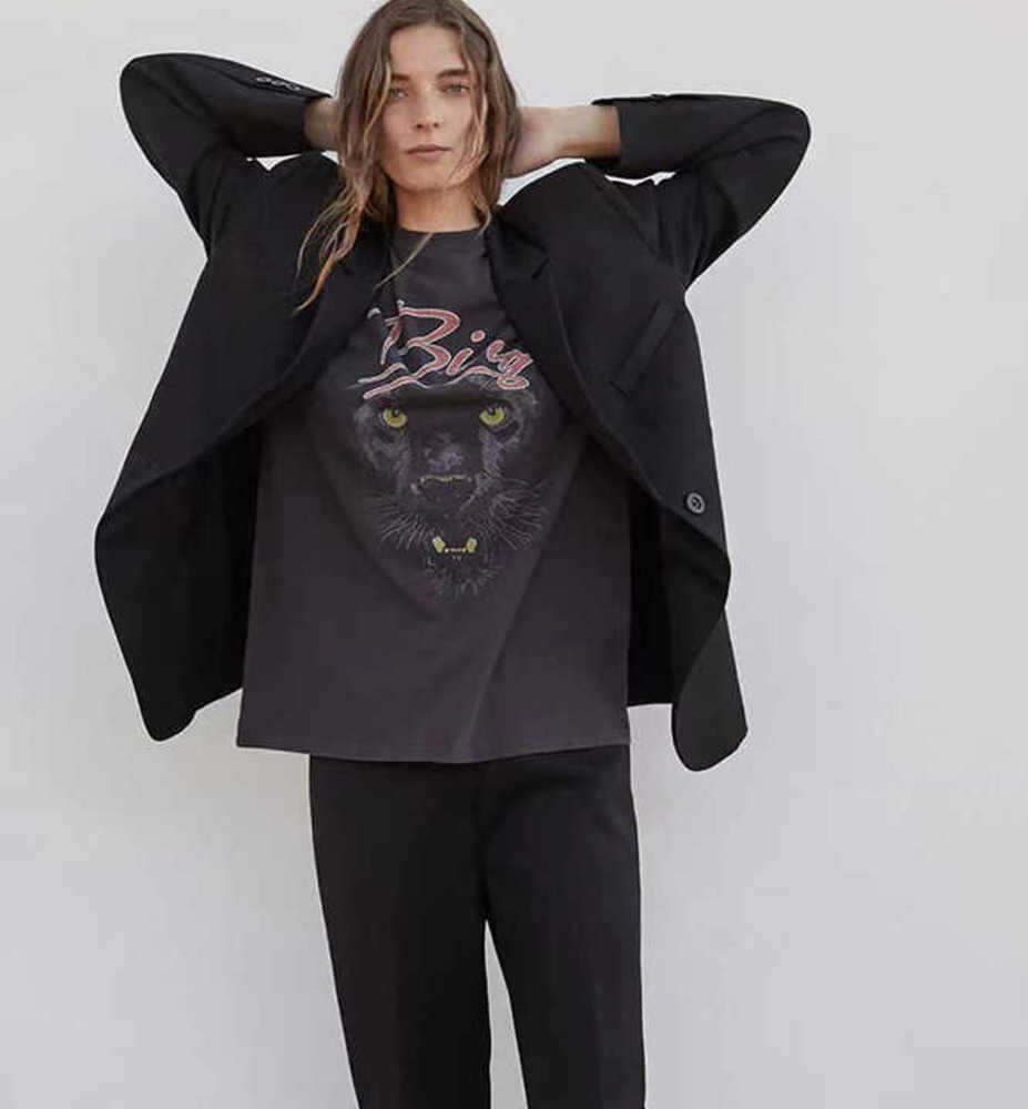 

2023 Anines Bing Niche Womens Designer t Shirt Leopard Head Print Washing Stir-fry Snowflake Yeast Tee Vintage Short-sleeved T-shirt Tops, Black