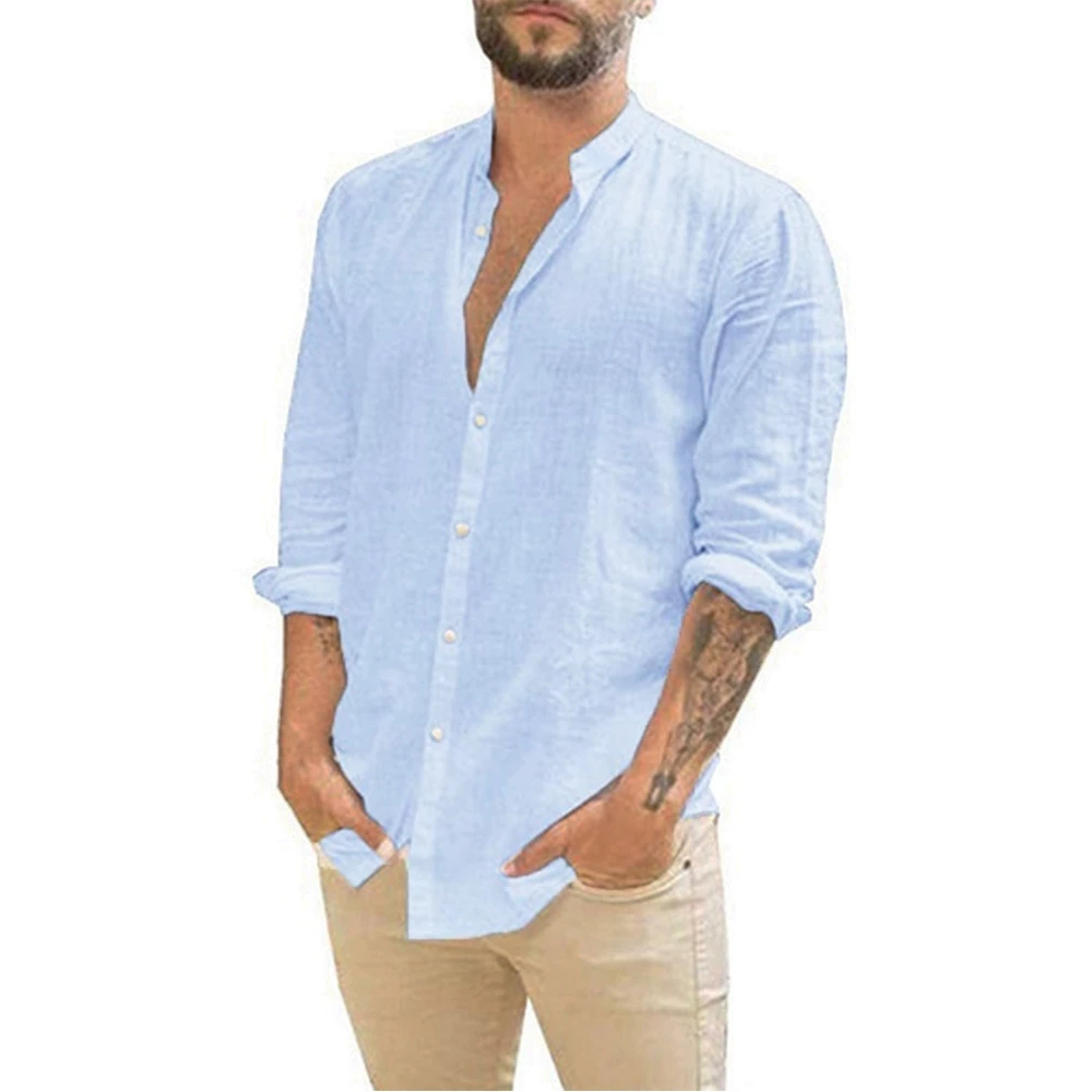 

Spring/Fall Mens Shirt Loose Cotton Linen Long Sleeve Stand Collar Button Large Size Mens Casual Shirt Sexy Top -5XL Clothing, Beige
