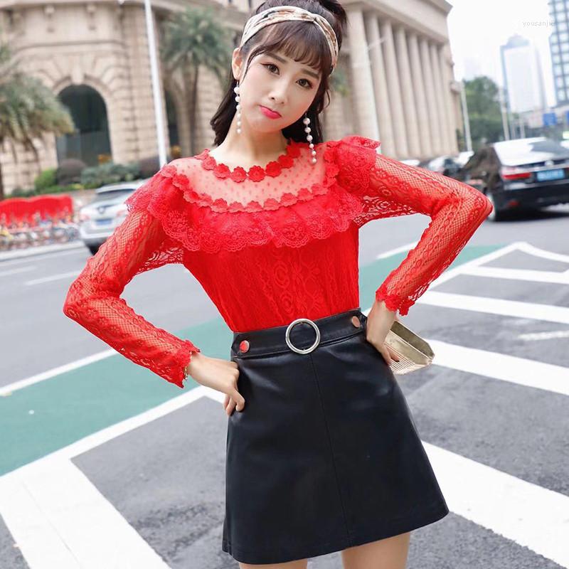

Women' Blouses Spring Autumn Women Long Sleeve Shirt Sweet Ruffles Floral Lace Blouse Female Hollow Out Mesh Blusas Short Tops AB1315, Pink