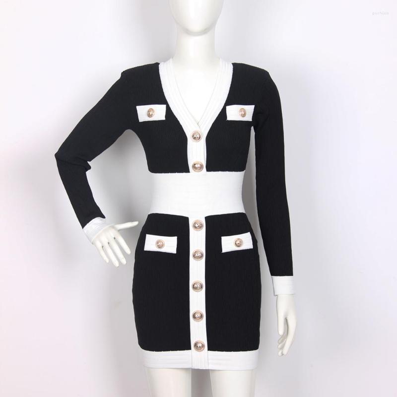 

Casual Dresses High Quality Fashionable Black And White V-neck Long Sleeve Button Slim Elastic Knitted Women' Dress