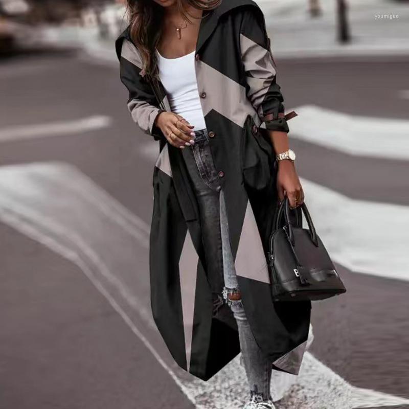 

Women' Trench Coats Fashion Personality Print Patchwork Windbreaker Lady Hooded Single Breasted Long Sleeve Jacket Retro High Street Office, 03 geometric black