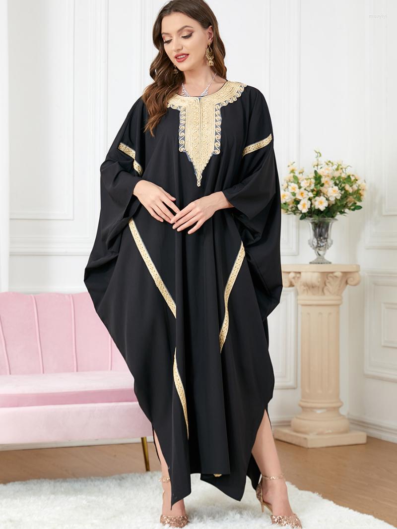 

Ethnic Clothing Black Abaya Kaftan Turkey Muslim Lace Tape Loose Waist Dress O-Neck Batwing Sleeve Robe Moroccan Jalabiyat Women Ramadan