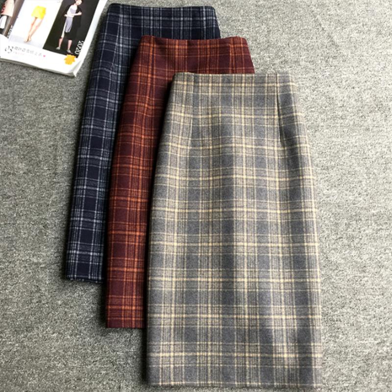 

Skirts Skirt Plaid A-line Long Step Autumn And Winter High-waisted Woolen Women, Blue
