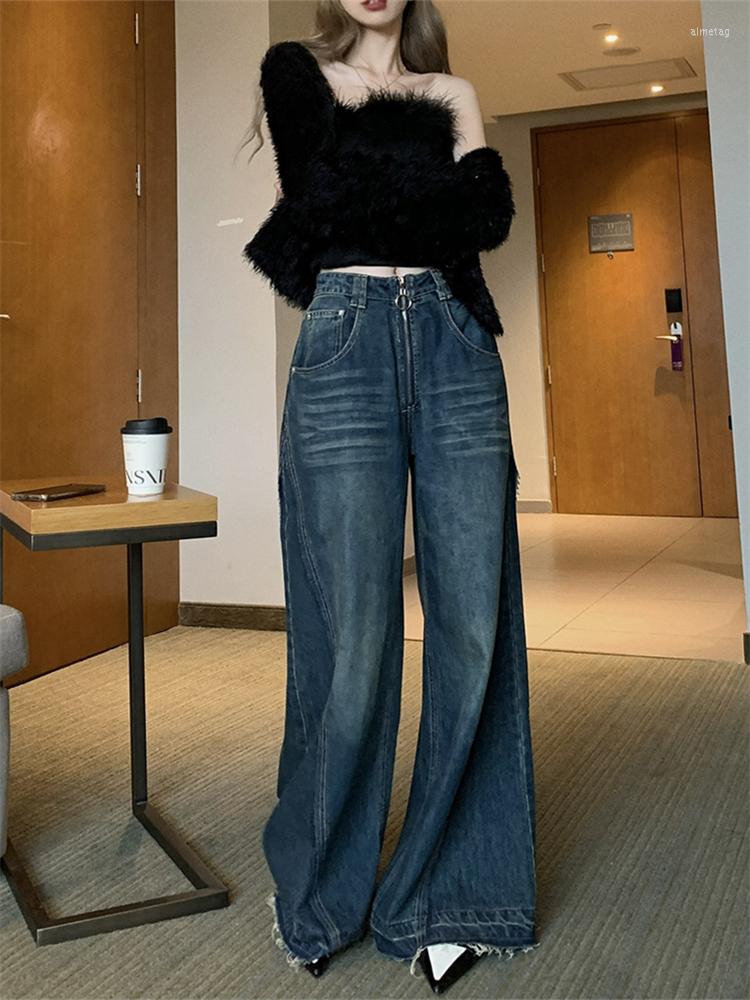

Women' Jeans Loose Large Wide Leg Zipper Retro Blue Women' Spring Autumn Street Style Casual Fashion Straight Denim Trousers Female