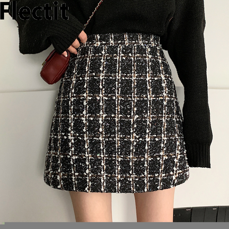 

Skirts Flectit Fall Winter Plaid Wool Skirt Womens Plus Size Thick Woolen Glitter Tweed Mini Skirt Saia Feminina 230316, Black