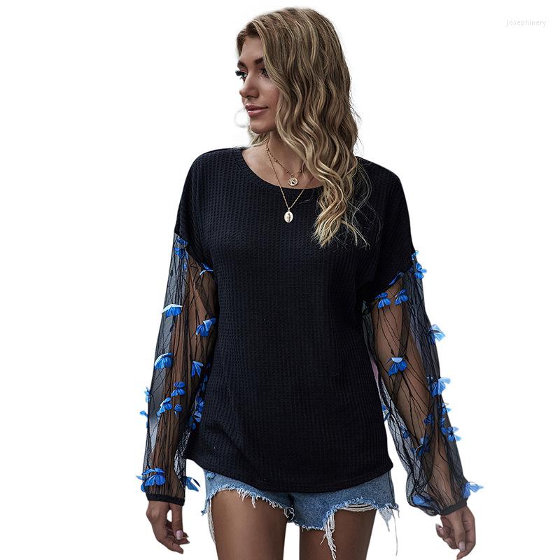 

Women' T Shirts Women Autumn Casual Loose Lantern Long Sleeve Mesh Pullover Fashion Elegant Round Neck Ribbed Knitted Sweater Daily Wear, Blue