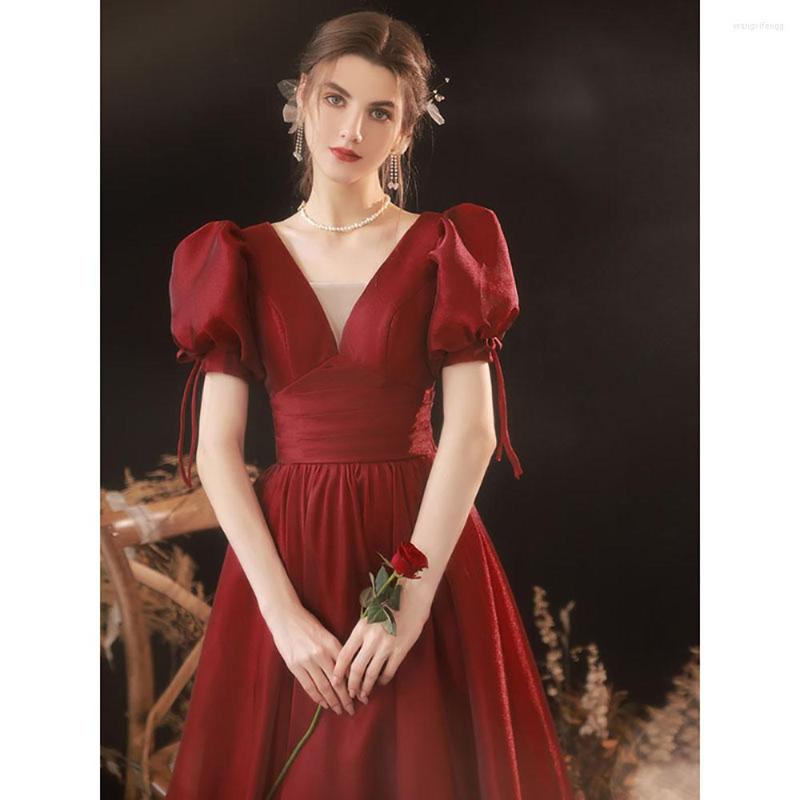 

Party Dresses Sexy Deep V-Neck Backless Evening Dress 2023 Elegant Puff Sleeve A-Line Ankle-Length Princess Burgundy Lace Up Prom Gown