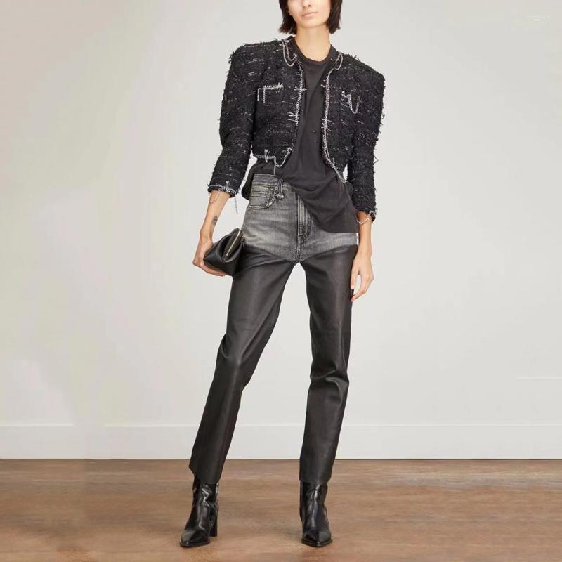 

Women' Jeans 2023 Spring Star Show Women' Niche Design Fashion Retro Concave PU Leather Stitching Straight Leg Pants, Black