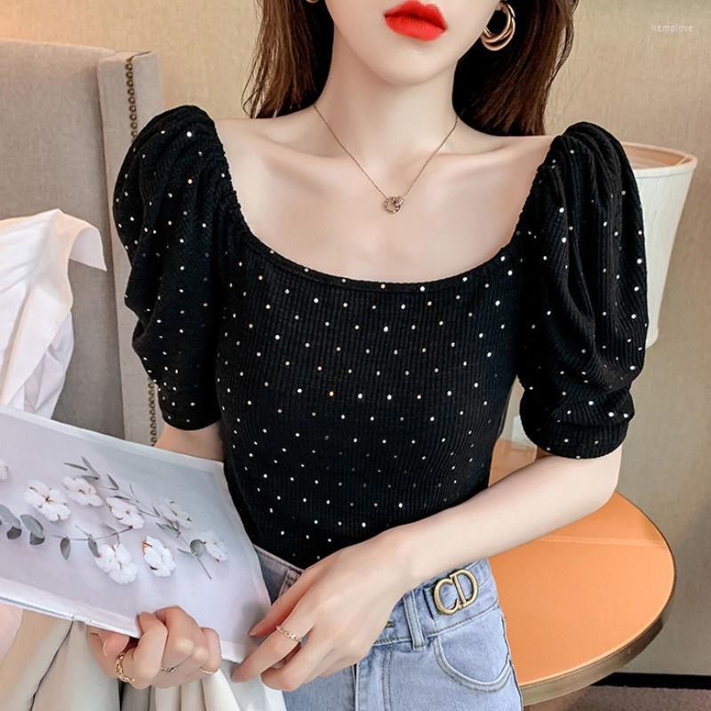 

Women's T Shirts Woman TShirts Shiny Puff Sleeve Square Collar Short T-shirt Women's Summer Top Crop Mujer Camisetas, White