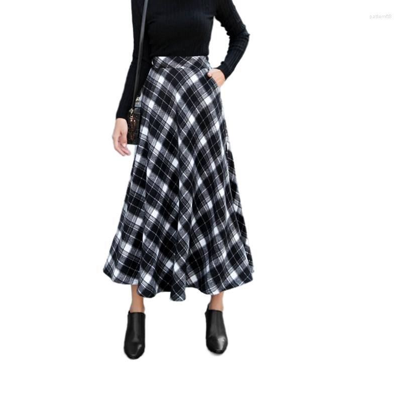 

Skirts Women Plaid Vintage Woolen Tweed A-Line Elastic Waist Pleated Maxi Long, Green plaid