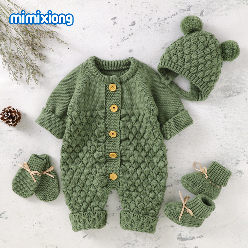 

Rompers Baby Rompers Caps Clothes Sets born Girl Boy Knitted Jumpsuits Outfits Autumn Winter Long Sleeve Toddler Infant Overalls 2pcs 230316, 82w898-1