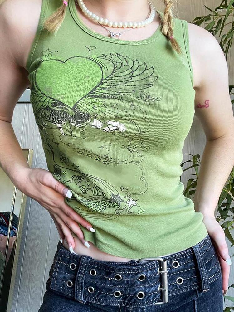 

Women' Tanks Fairy Vintage Graphic Print Cropped Tank Top Women Summer Vest Tops Grunge Punk Style E-Girl 2000s Aesthetic Street, Green