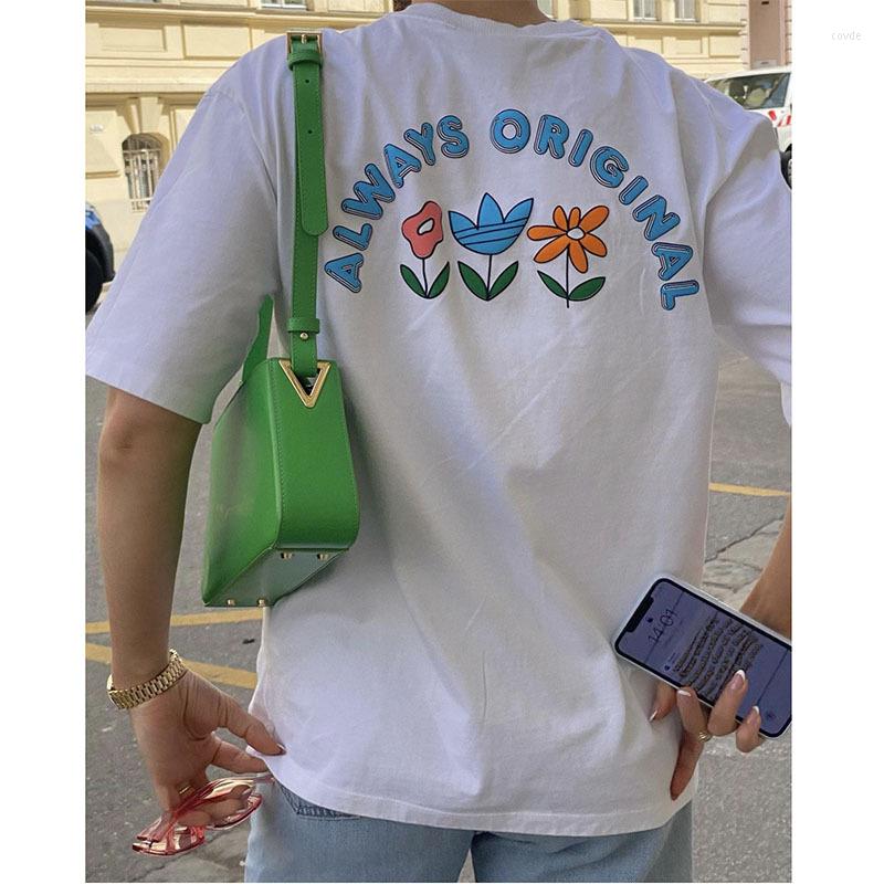 

Women' T Shirts Vintage Flowers Printed T-shirt Women Cotton Short Sleeve Tops White Color Tees Girls Streetwear Female Clothing