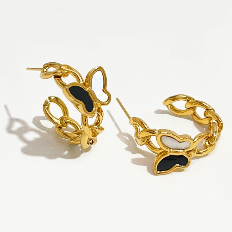

Hoop Earrings Peri'sbox Stainless Steel Gold Plated Cuban Link Chain With Black White Shell Butterfly Women Jewelry Waterproof