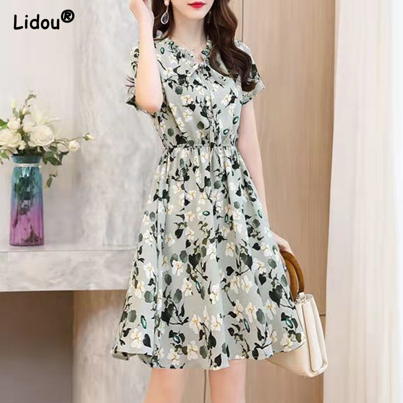 

Casual Dresses Fashion Empire Floral Print Short Sleeve V-neck Dress Selling Casual ity Wild Refreshing Skirt Women's Clothing 230316, Light green