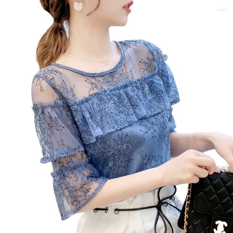 

Women' Blouses Women' Spring Summer Style Chiffon Shirt Ruffles Solid Color Half Sleeve O-neck Lace Casual Tops DD8567, Blue