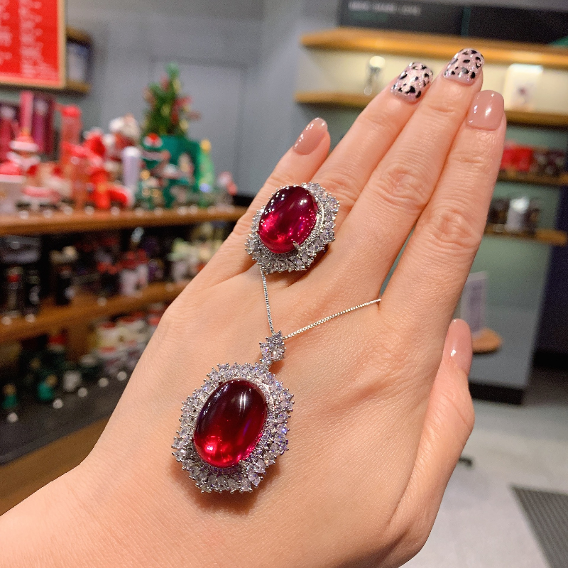 

Vintage 15*20mm Lab Ruby Diamond Jewelry set 925 Sterling Silver Engagement Wedding Rings Necklace For Women Bridal Gift