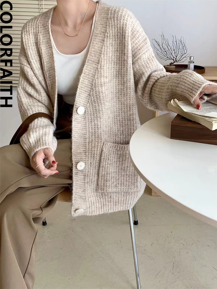 

Women' Knits Tees Colorfaith Korean Fashion Chic Vintage Oversized Sweaters Women Autumn Winter Knitted Cardigans Elegant Tops SWC3578JX 230316, Oat