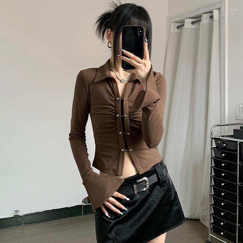 

Women' T Shirts Harajuku Vintage Flare Sleeve Slim Fit Tshirt Grunge Punk Metal Burron Sexy Y2k Top Fashion All-match Solid Casual, Dark brown