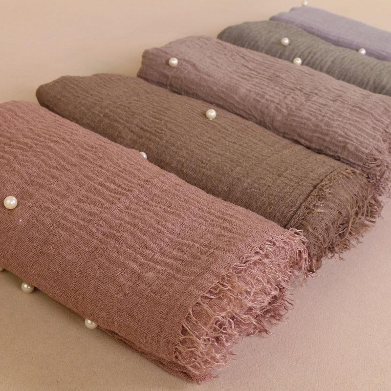 

Ethnic Clothing Plain Crinkled Cotton Maxi Muslim Hijab Wrap Women Ladies Scarf Shawl Head Pearl Beads Scarves Soft Muffler Stole