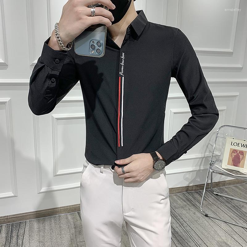 

Men's Casual Shirts Embroidery Printed Shirt Long Sleeve Business Formal Dress Streetwear Social Party Bar Male Clothing Camisa, Black