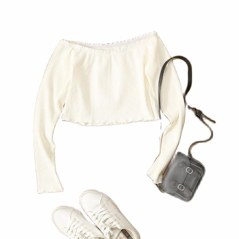 

Women' T Shirts Spring Autumn Women Sexy Long Sleeve Knitted Casual Off Sholder Short Tops White