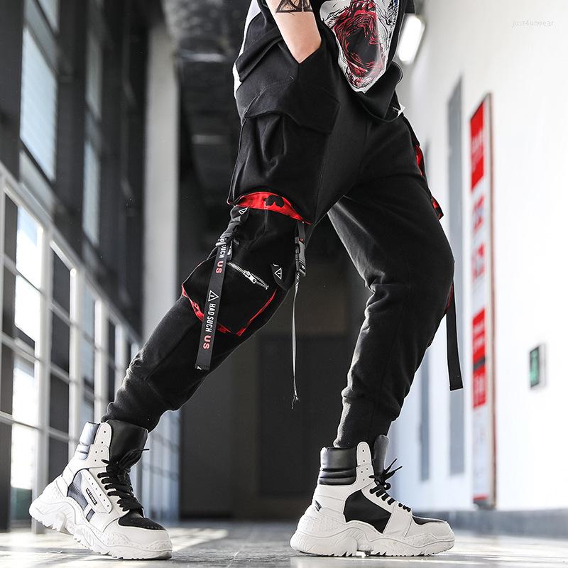

Men Fashion Cargo Pants Streetwear Men Hip Hop Techwear Gothic Style Teenager Functional Trousers Ribbons Pockets Overalls Black, Gz0110-n-black