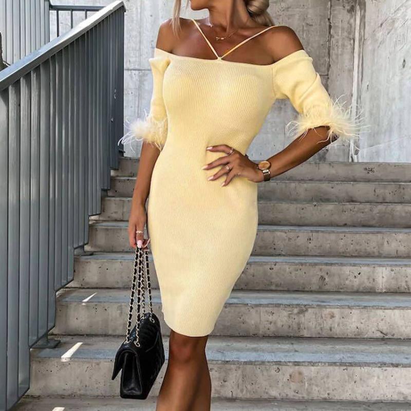 

Party Dresses Fashion Slash Neck Off Shoulder Slim Office Dress Feather Patchwork Half Sleeve Knitted Autumn Elegant For Women, 02 mahogany