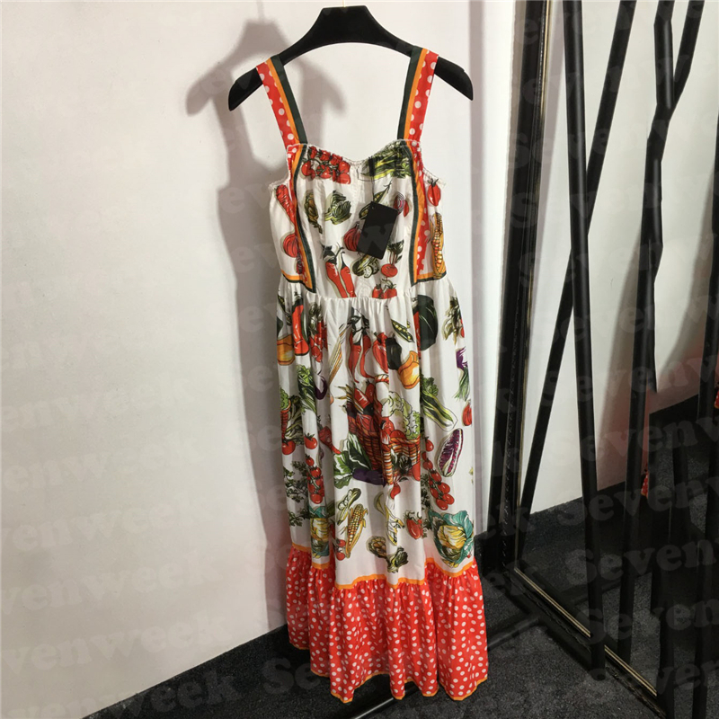 

Dot Print Women Suspender Dresses Clothing Summer Sling Skirts Lady Vacation Style Casual Long Dress, White