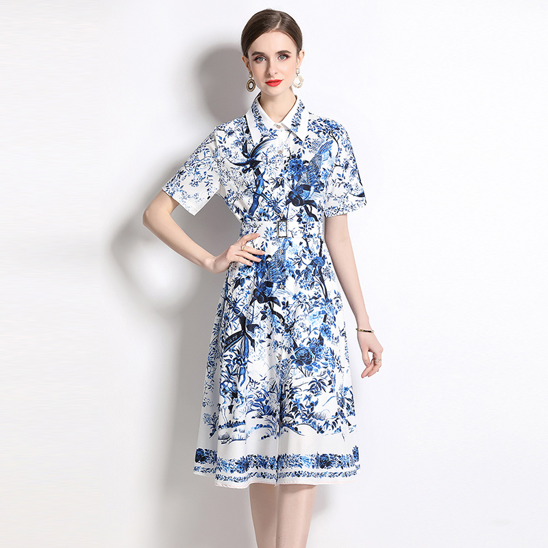 

Summer Printed Flowy Casual Shirt Dresses Midi Single-Breasted Belt Elegant Belt Cardigan Dresses 2023 Designer Runway Fashion Women Casual Office Clothes Spring, 04
