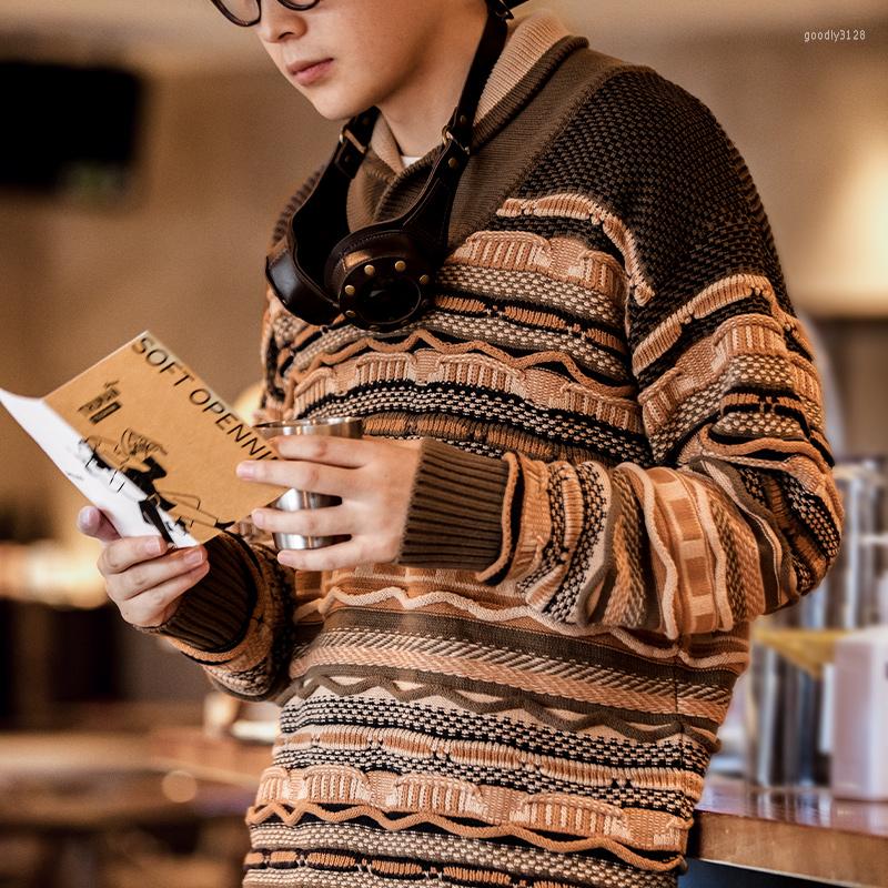 

Men' Sweaters Vintage Striped Three-dimensional Jacquard Men' Sweater Casual Fashion Loose Knit Color Blocking Warm Pullover Winter, Blue