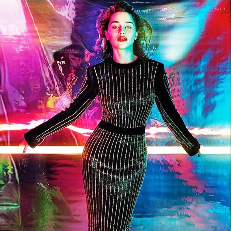 

Casual Dresses -XXL High Quality 2023 Winter Fashion Thick Stretch Cotton Regular Arrangement Diamond Acrylic Rhinestone Slim Long Dress, Black