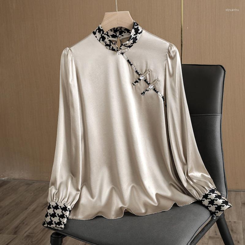 

Women's Blouses Silk Patchwork Women's Summer 2023 Plaid Long Sleeves Fashion Retro Shirts Loose O-Neck Korean Casual Satin Top, Beige