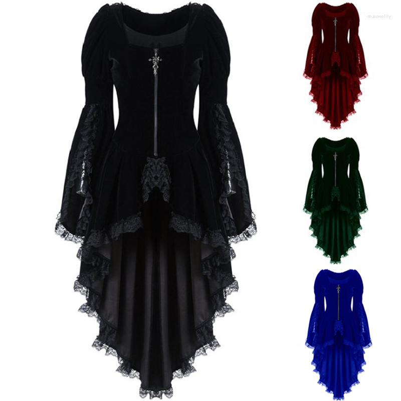 

Casual Dresses Gothic Style High Low DressTuxedo Clothes Women Lace Patchwork Medieval Performing Autumn Winter Vintage Ruffle Maxi