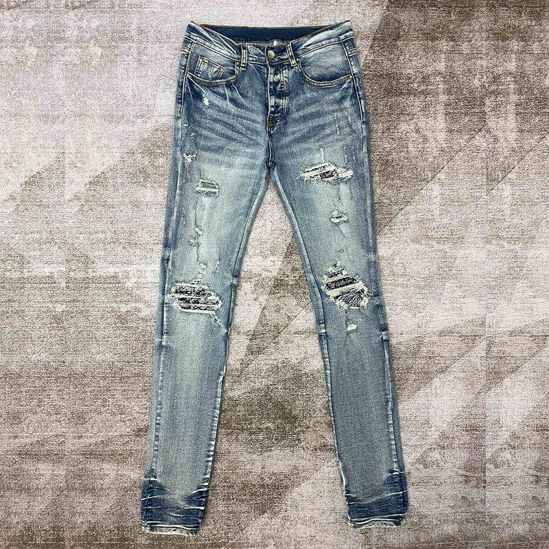 

Men's Jeans High Quality Cashew Flower Pleated Ripped Hole Design Stretchy Jean Hip Hop Style Trousers For Men Pantalon 2023 Vaqueros Hombre, Picture