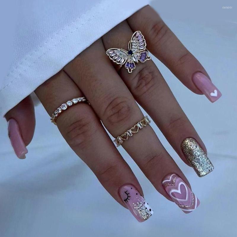 

False Nails 24pcs Detachable Press On DIY Fake Nials Long Square Love French, W268