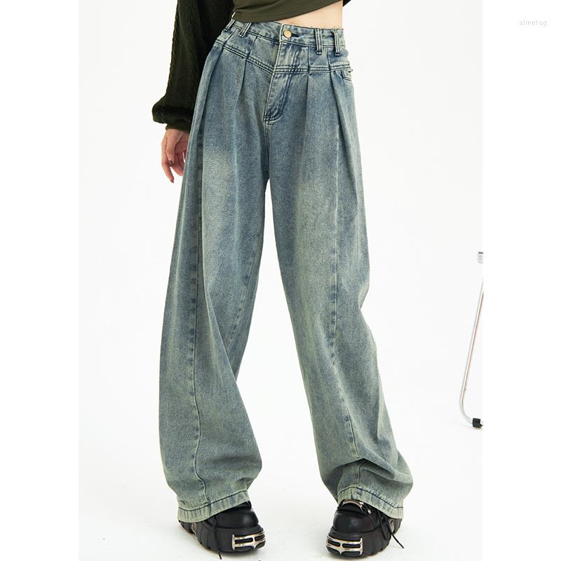 

Women' Jeans Vintage Blue High Waist Women Pleated Design Wide Leg Jean American Fashion Streetwear Denim Trouser Straight Baggy Pants, Sky blue