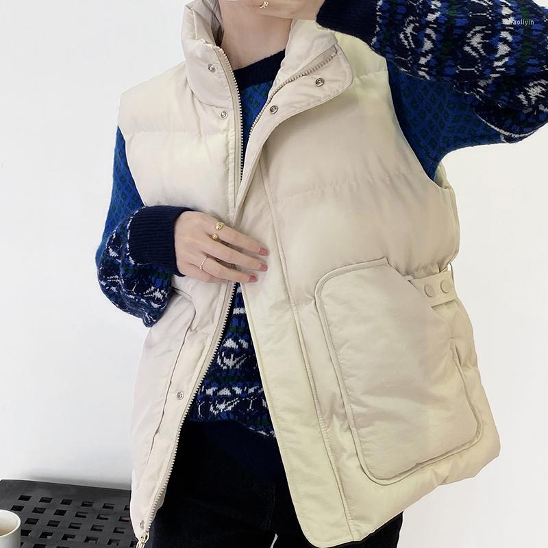 

Women's Vests Ailegogo Spring Autumn Women Warm Padded Vest Casual Female Solid Sleeveless Big Pocket Short Cotton Coat Ladies Waistcoat, Beige