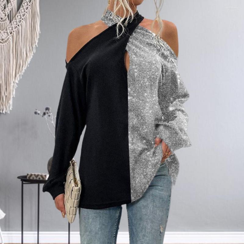 

Women's Blouses Off Shoulder Front Hollow Long Sleeve Women Blouse Retro Print Halter Pullover Top Patchwork Color Autumn, Green