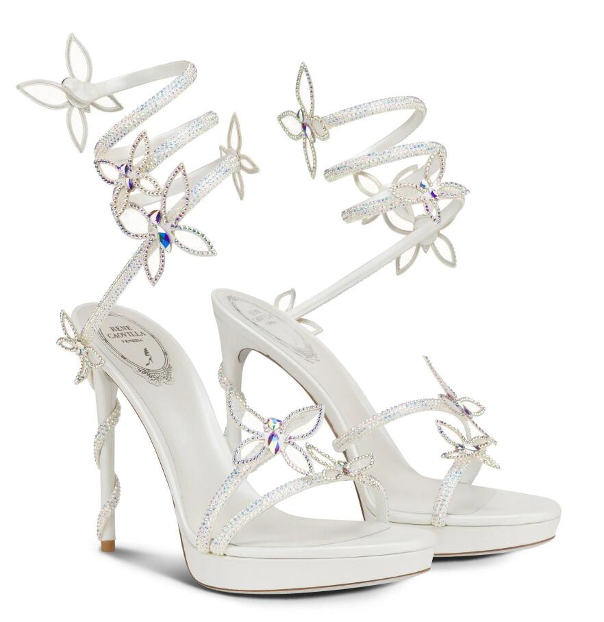 

Summer Luxury Rene Margot Crystal Sandals Shoes Snake Wrapped Butterflies Strappy High Heels Party Dress Wedding Caovilla Gladiator Sandalias EU35-43