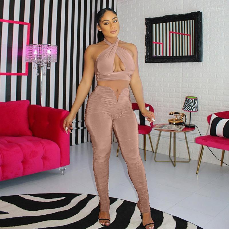 

Women' Two Piece Pants Solid Ruched Tracksuit Women Sexy Halter Lace Up Crop Top Stacked Skinny Club Party Set Jogging Femme Sporty, Red set