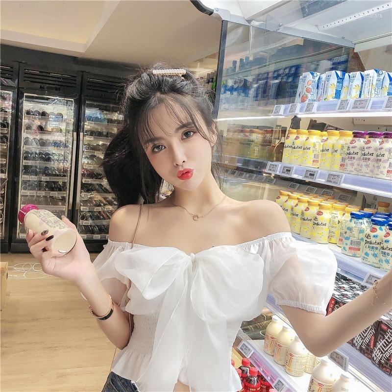 

Women's T Shirts Big Bow Slim Body Top Female Pink Short Sleeve Slash Neck Tshirt 2023 Summer Women's Puff Chiffon