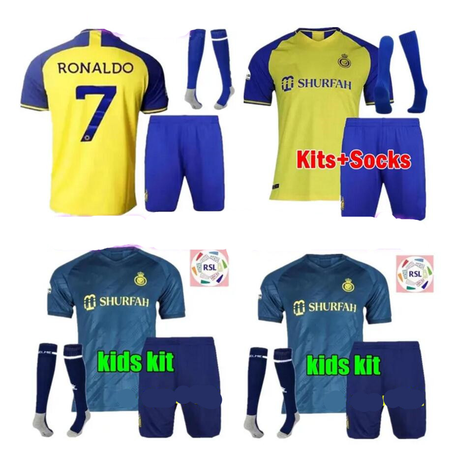 

22 23 Al Nassr FC soccer Jerseys Ronaldo Kids Kit uniform 2023 Home yellow CR7 boys Football shiirt T Al-Nassr away third fourth MARTINEZ Saudi Arabia