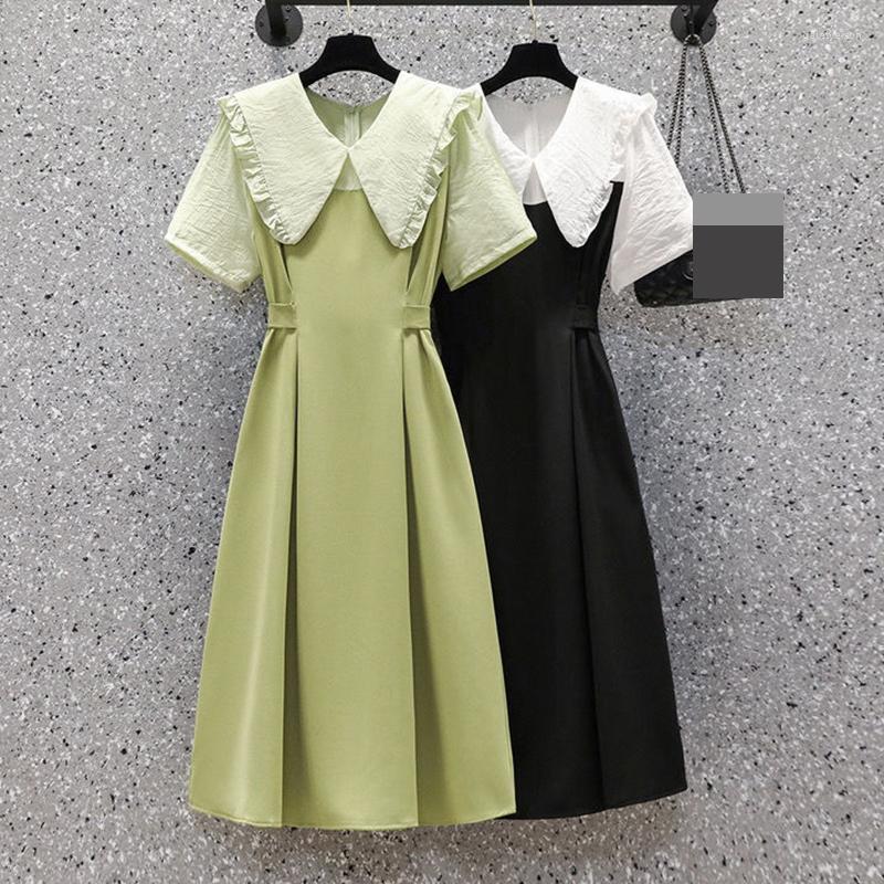 

Casual Dresses Large Size Women's Clothing 2023 Summer Doll Collar Stitching Fake Two-piece Fruit Green Dress Vintage, Black