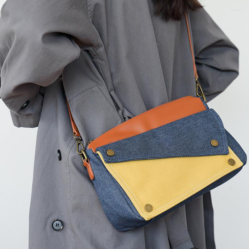 

Evening Bags Contrast Color Fashion Women Crossbody Denim Leather Splice Single Shoulder Messenger Bag Commuting Tote Satchel Versatile, Beige