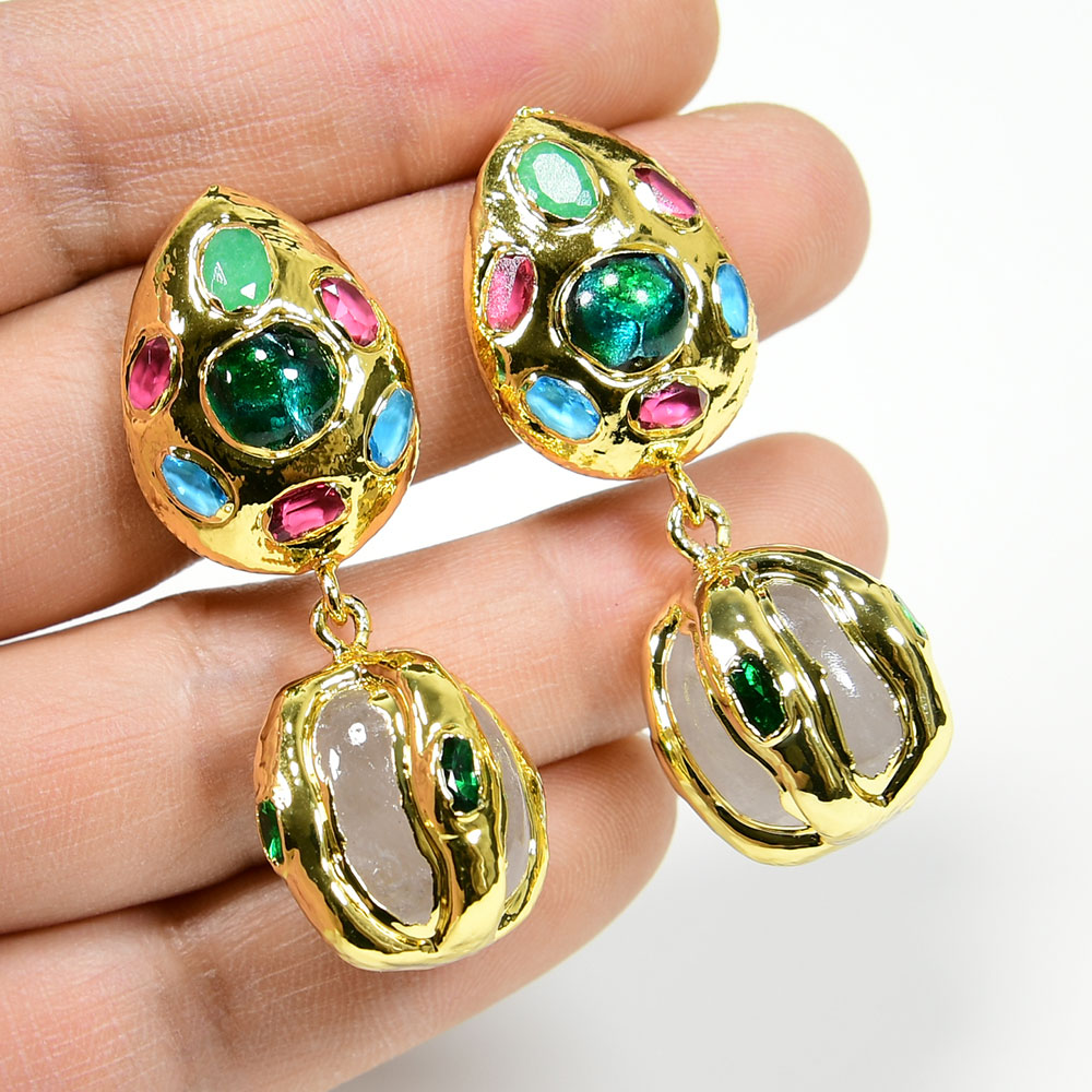 

Natural Murano Glass Jade White Quartz Dangle Paved Green Crystal Dangle Earrings Handmade Drop Earrings Women Jewelry