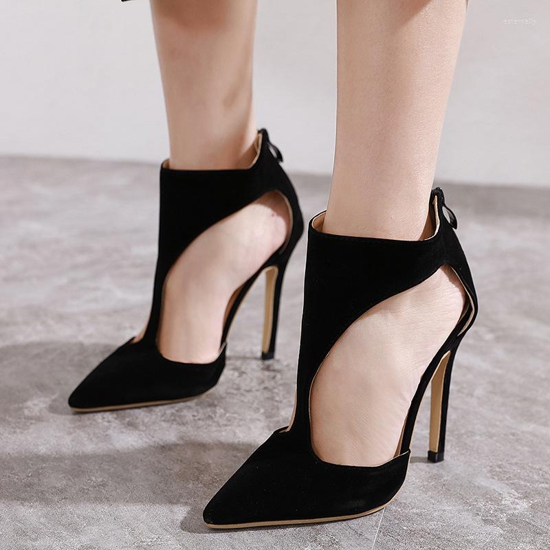

Dress Shoes Summer High Heel Sandals Party Fashion Sexy Cover Thin Heels Flock Zip 12cm Pointed Toe Rome Quality, Black