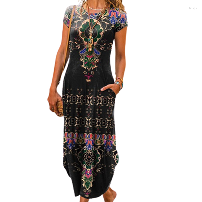 

Casual Dresses Vintage Print Wrap Long Dress For Summer Women Short Sleeve Boho Straight Tube T-shirt Party Fashion Street Lady