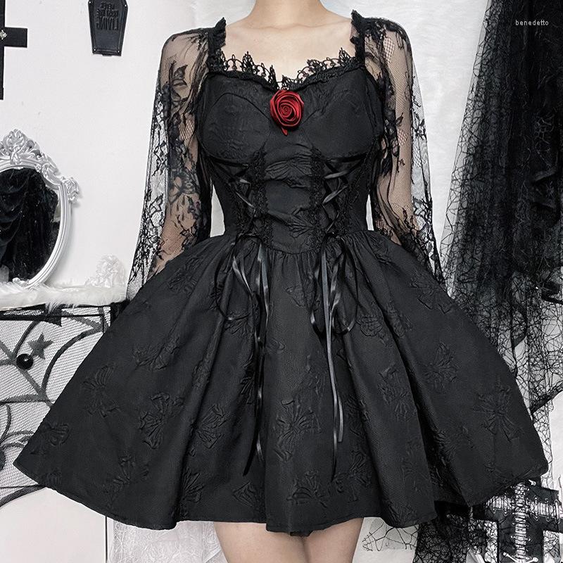 

Casual Dresses Gothic Grunge Party Dress High Waist Dark Sexy A Line Jacquard Lace Sleeve Lolita Cute Women Vintage Harajuku Wear, Black